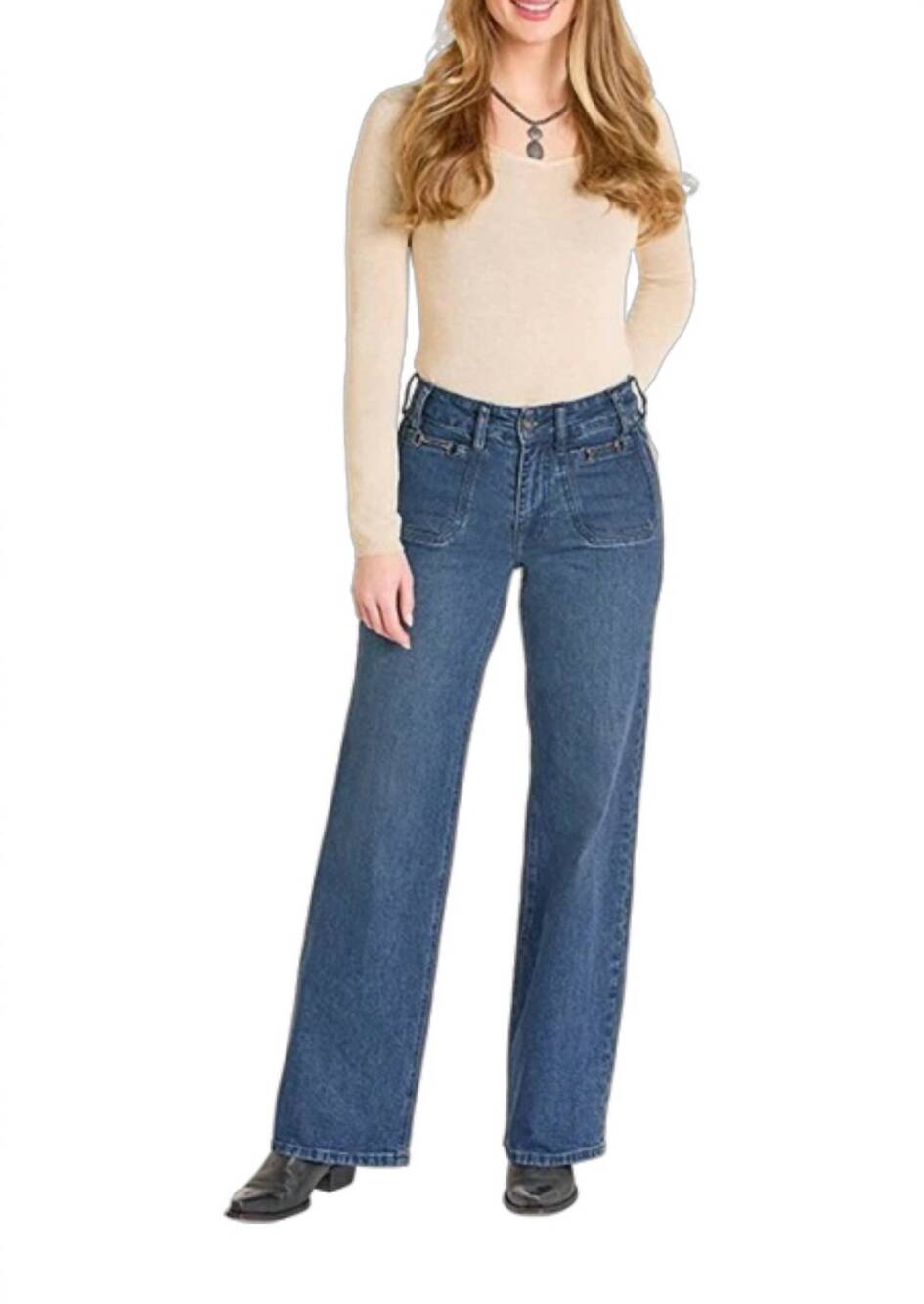 NEW ROCK & ROLL DENIM clasp detail relaxed flare jeans in medium wash